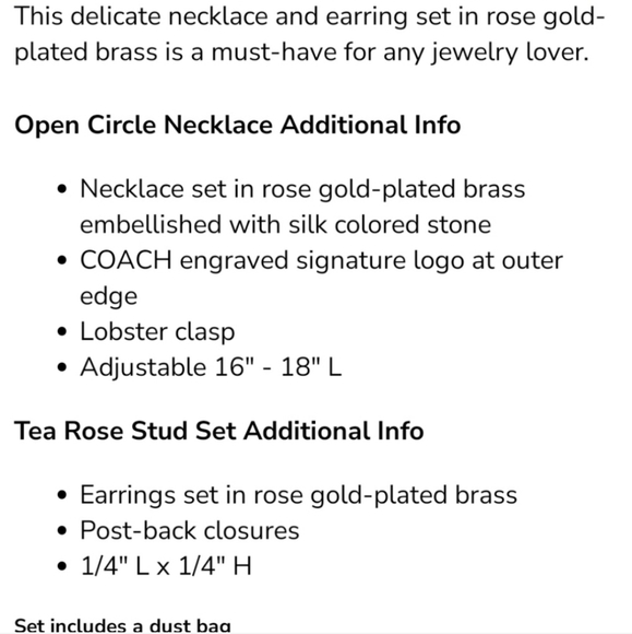 Coach Rose Gold Open Circle Necklace and Tea Rose Stud Set NWT - Picture 12 of 12